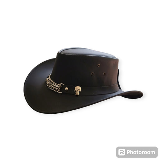 Chapeau de cowboy occidental en cuir noir.Resistant à l'eau et nettoyable.Import USA