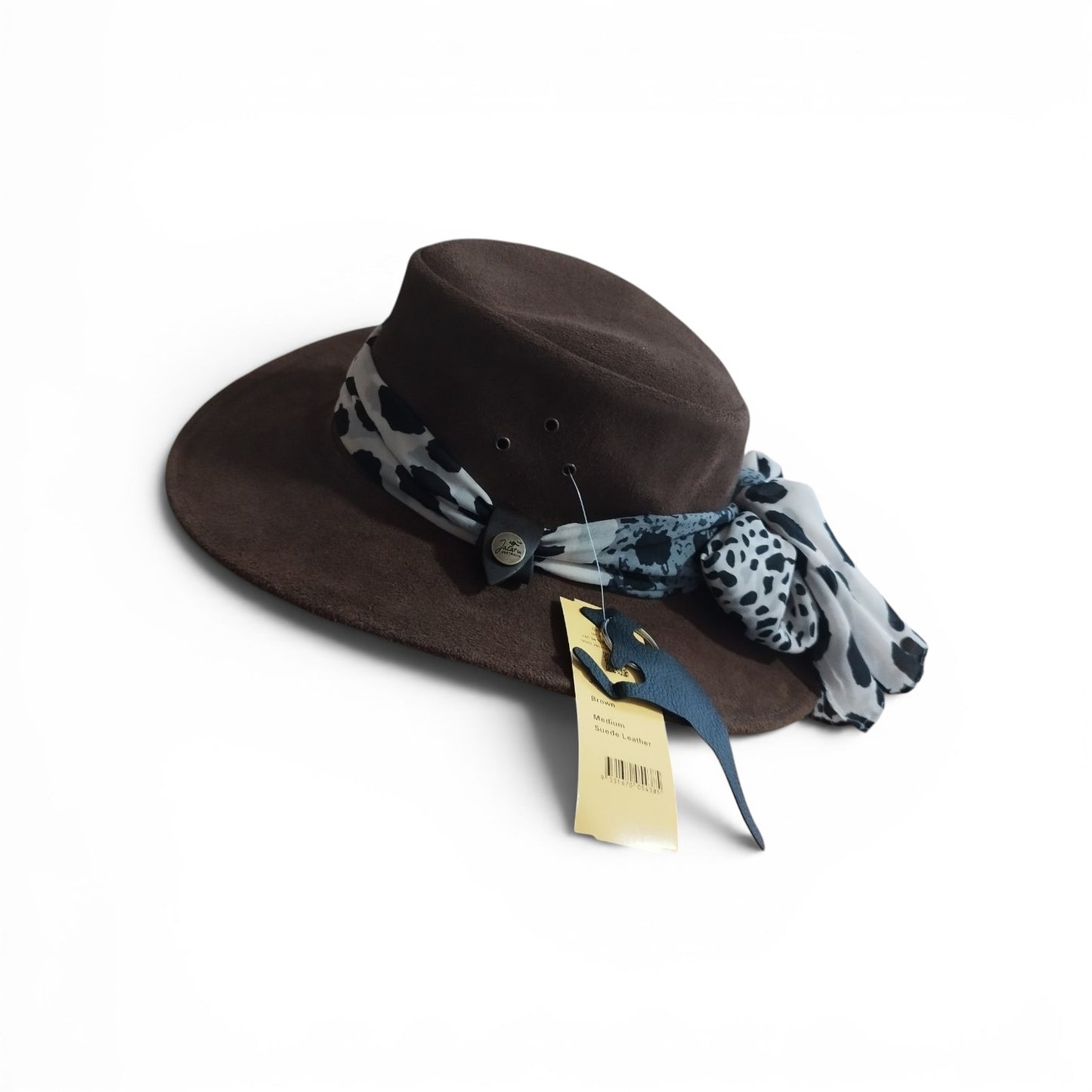 Chapeau Jacaru 1020 Jillaroo en Suédé de cuir bovin avec foulard en mousseline autour de la calotte.