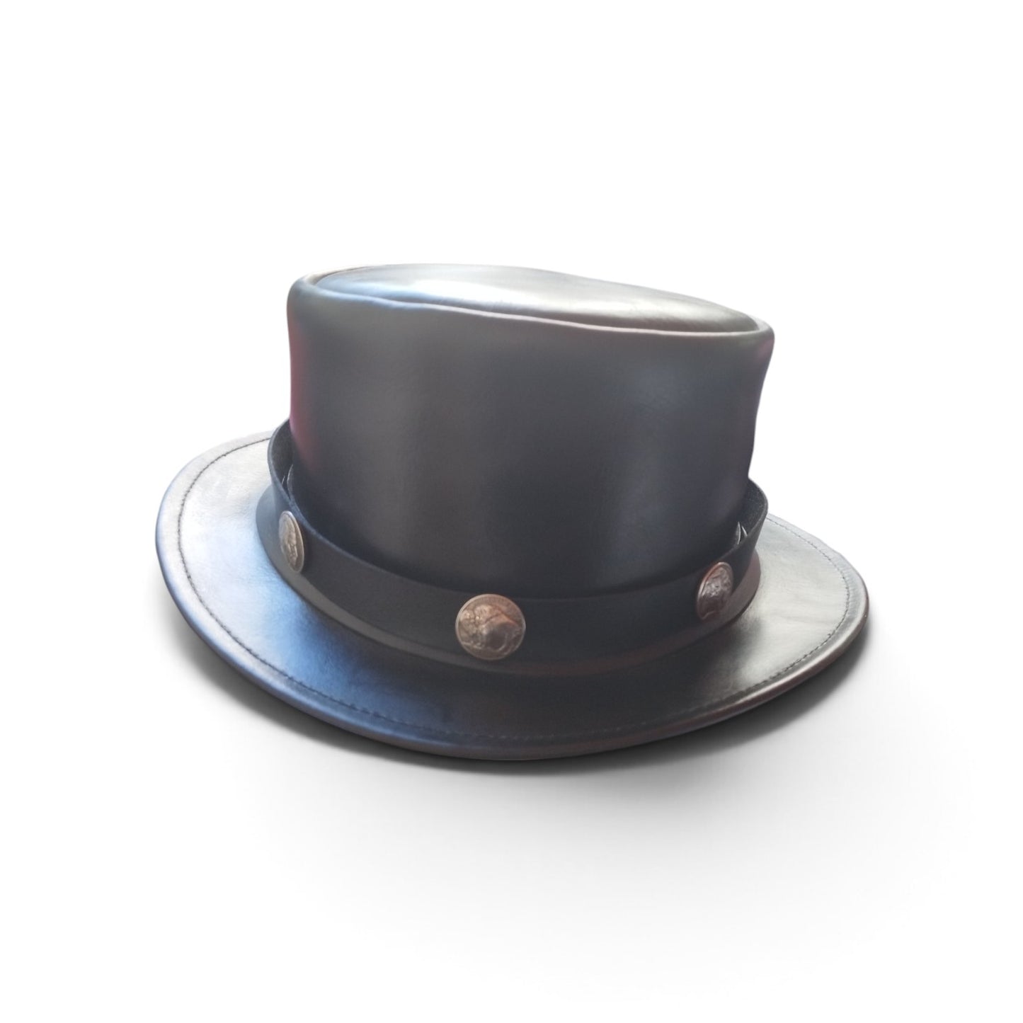 Chapeaux haut de forme en cuir véritable de vachette fait main importation U.S.A . Bandeau en cuir,  orné d'un Conchos en  Nickel  Tête de Bison et Tête D'indien, pour les hommes et femmes qui souhaitent un look distinctif d'inspiration western.