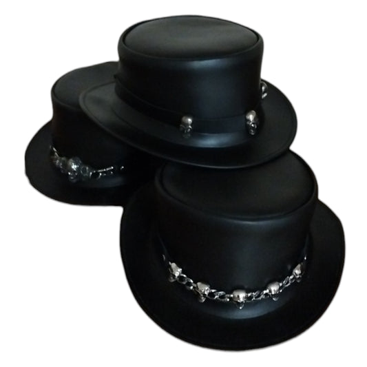 Chapeaux haut de forme en cuire de vachette fait main ,avec bandeau tête de mort, importation USA.